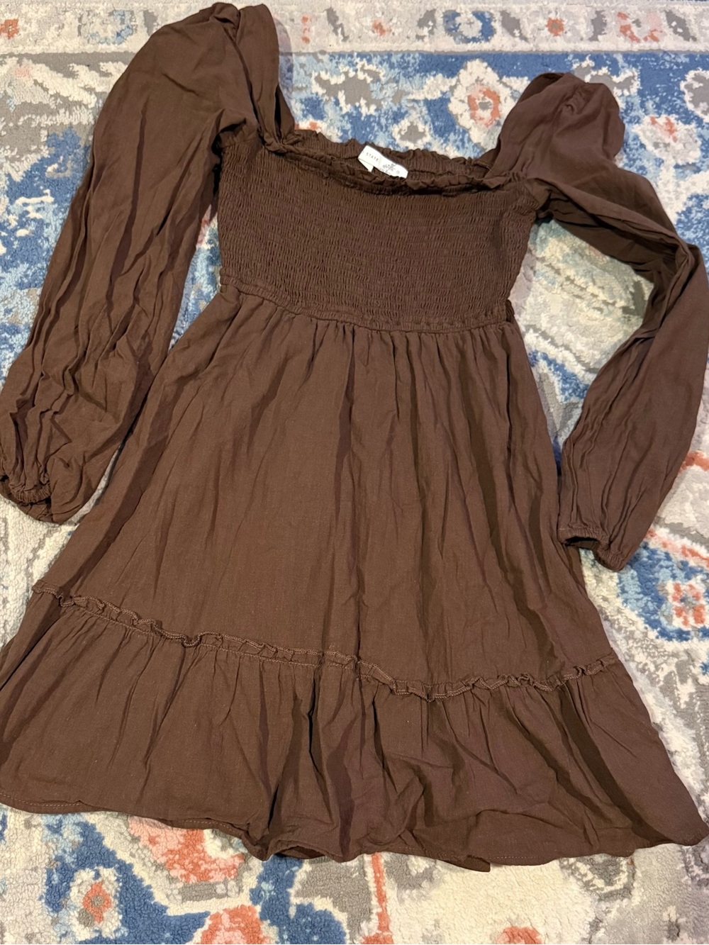 Alter’d State Smocked Square Neck Brown Long Sleeve Mini Dress
